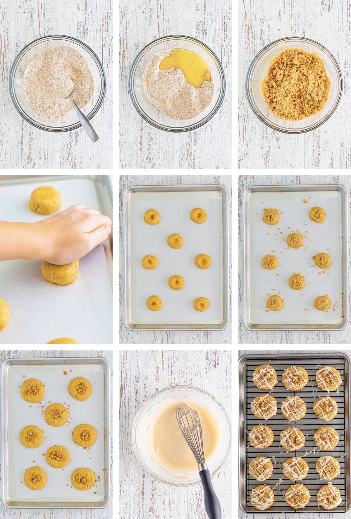 collage of images showing how to bake and frost Coffee Cake Cookies