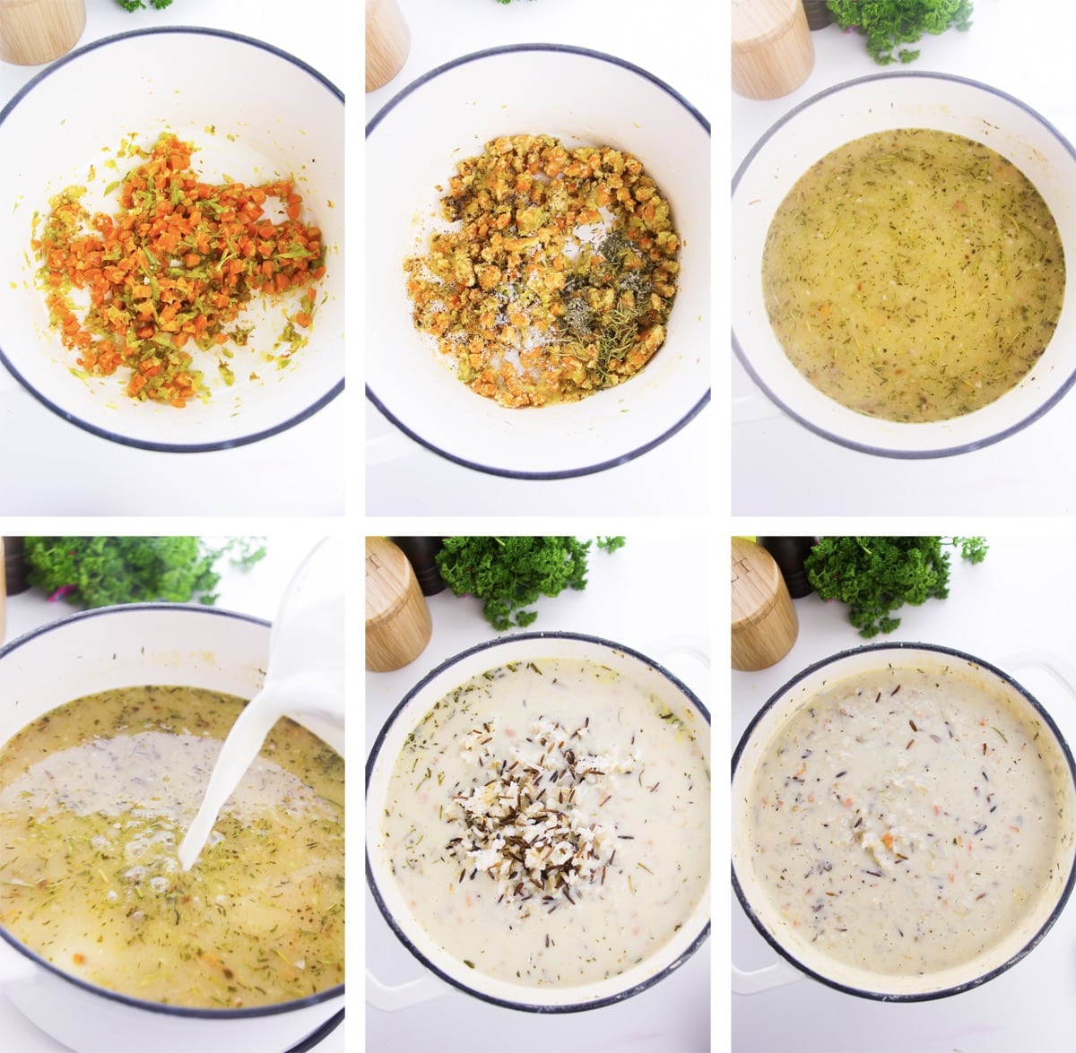 collage of images showing how to make wild rice soup