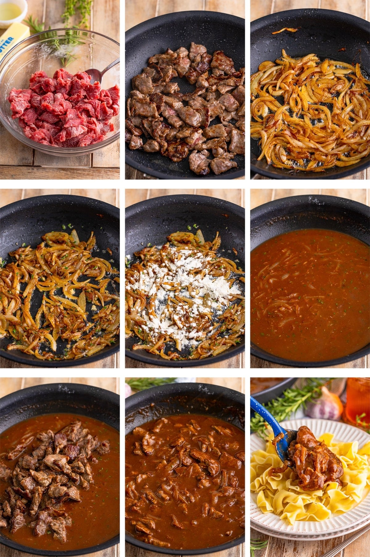 Steakhouse Beef Tips with Noodles, Flank Steak Thinly Sliced and Smothered In A Delicious Steak Sauce Gravy, Caramelized Onions, and Noodles! Recipe from ThisSillyGirlsKitchen.com collage of images showing how to make Beef Tips with Noodles