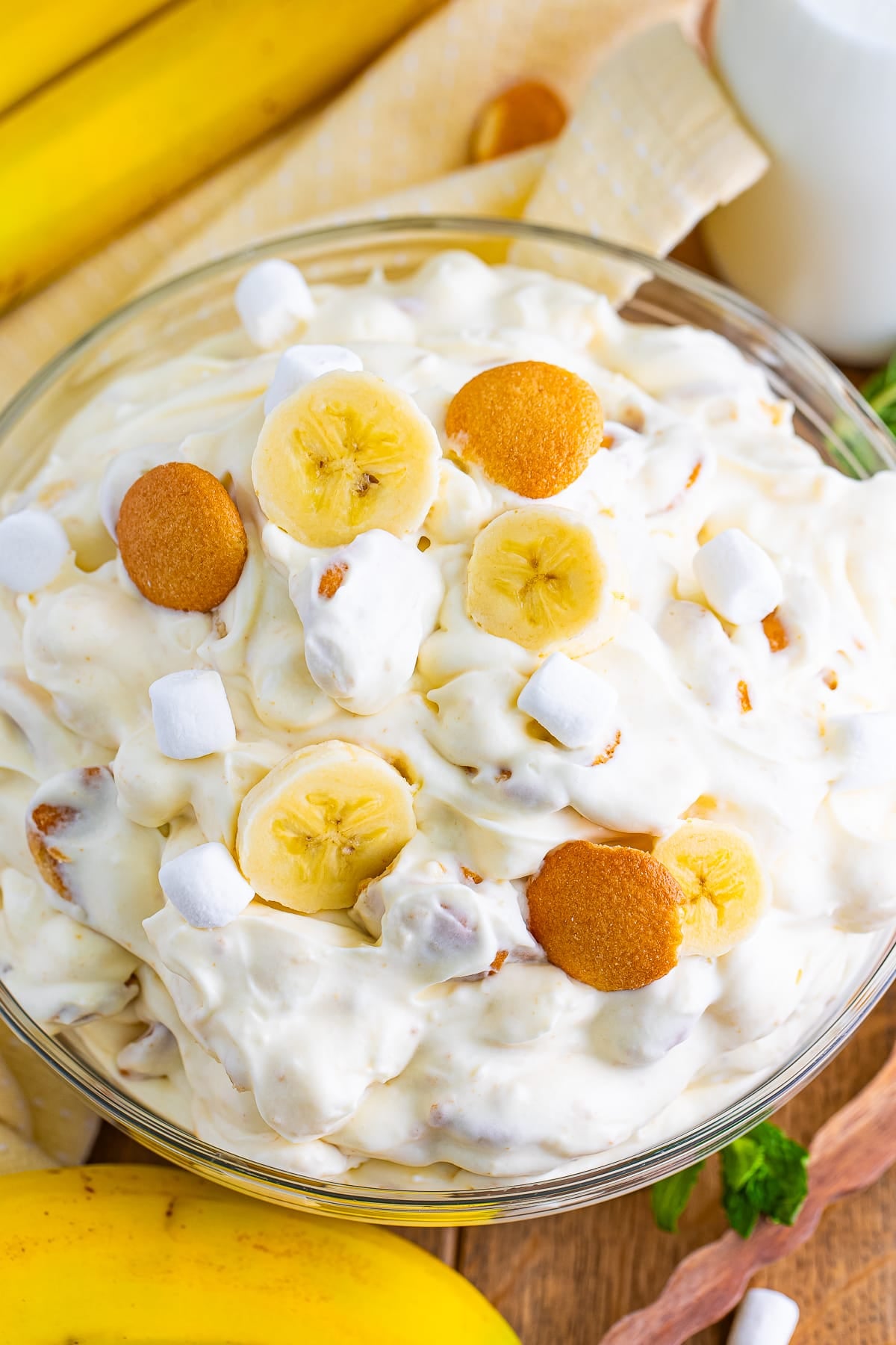overhead image of Fluff Salad in a clear bowl