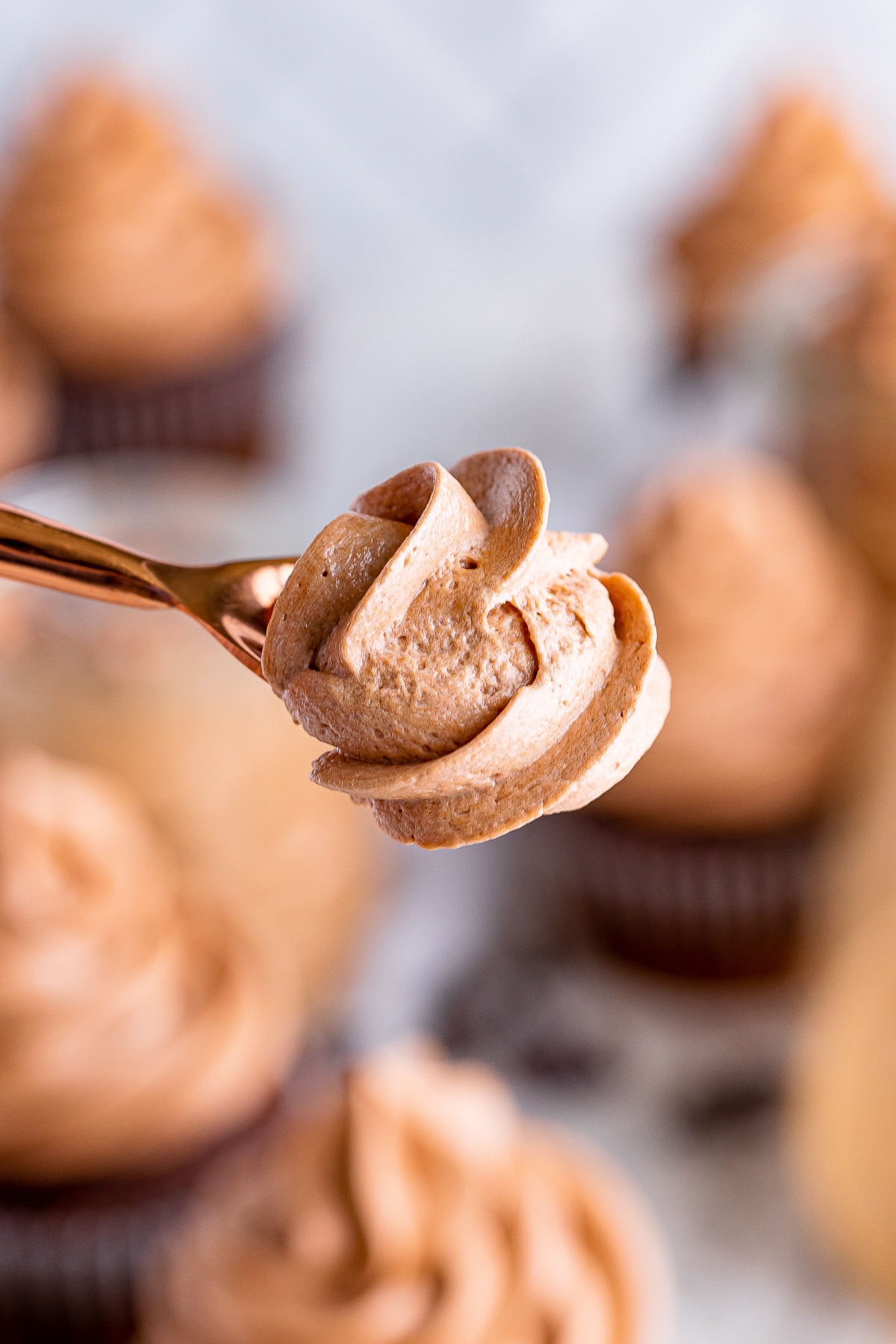 a spoon holding up a bite of Chocolate Cream Cheese Frosting in air