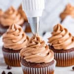 Chocolate cream cheese frosting piped in a tall swirl on a cupcake.