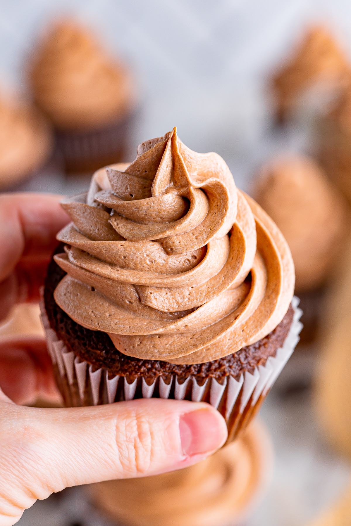 a hand holding up a cupcake topped with Chocolate Cream Cheese Frosting