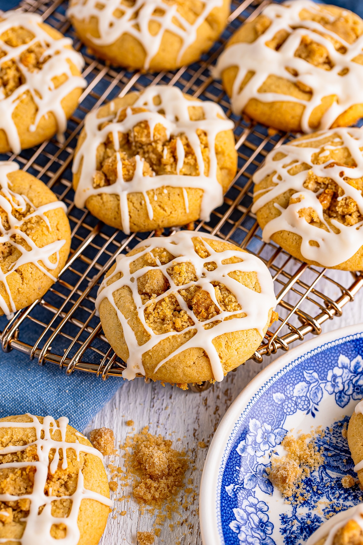 overhead image of finished Coffee Cake Cookies on a wire rack