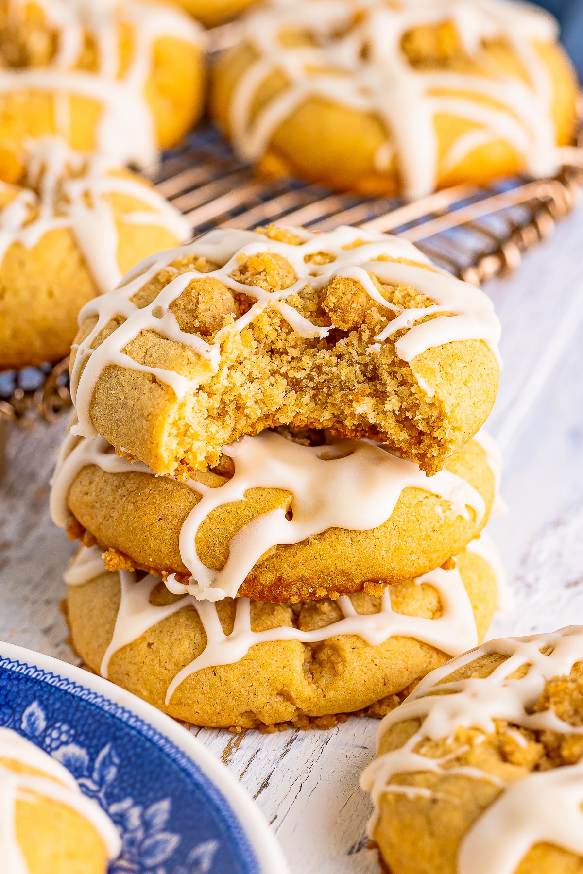 2 Coffee Cake Cookies stacked with a bite taken out of one