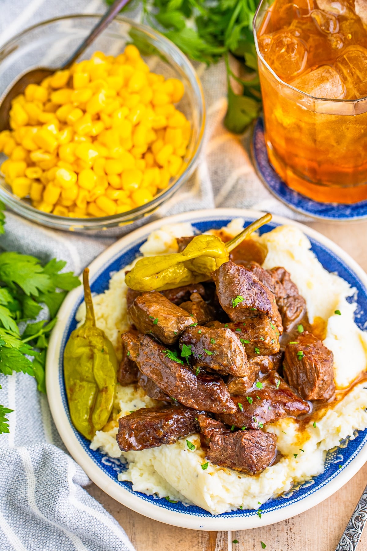 overhead image of plated Steak Bites over mashed potatoes