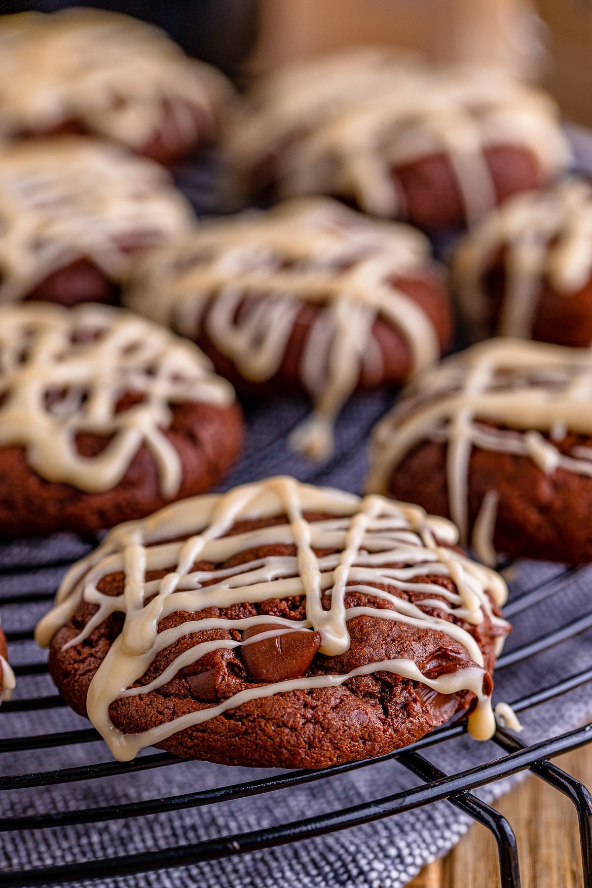 close up of Chocolate Cookies on a black wire rack