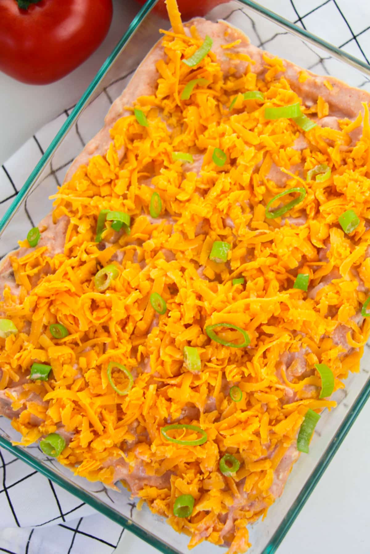 overhead image of finished Taco Dip Recipe in serving dish