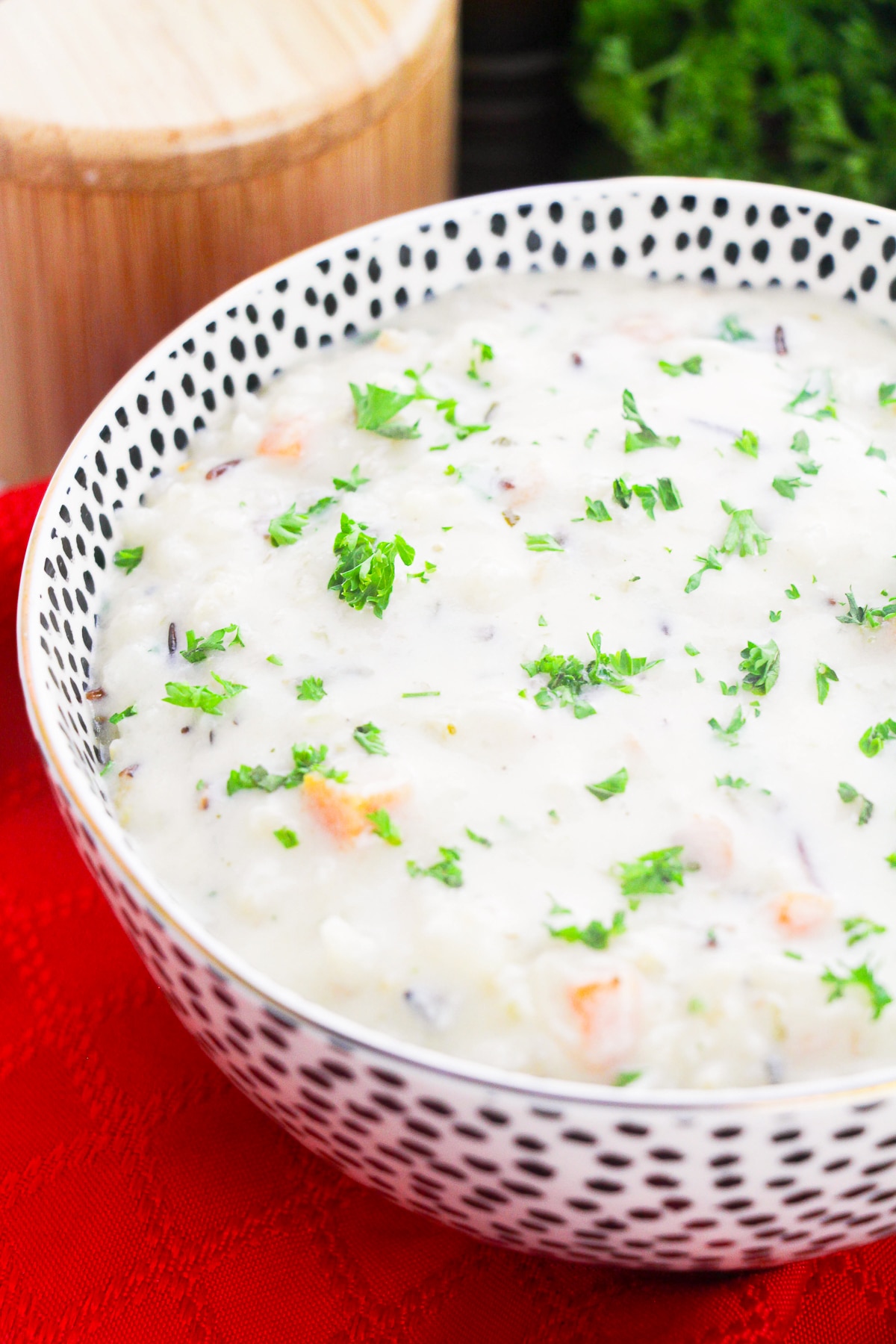 up close image of wild rice soup in serving bowl