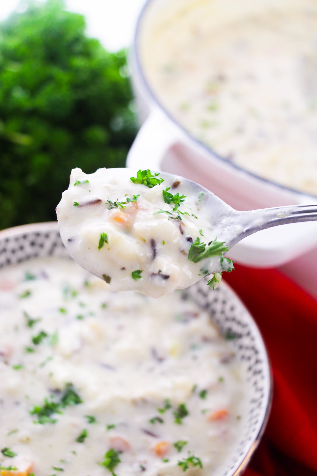 a spoon holding up a bite of wild rice soup in air