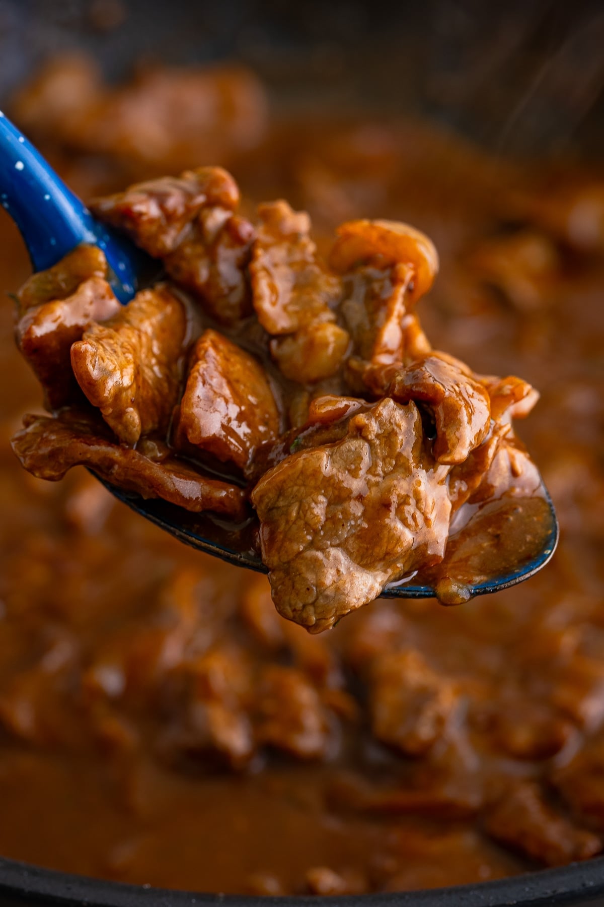Steakhouse Beef Tips with Noodles, Flank Steak Thinly Sliced and Smothered In A Delicious Steak Sauce Gravy, Caramelized Onions, and Noodles! Recipe from ThisSillyGirlsKitchen.com a spoon holding up Beef Tips with Noodles in air