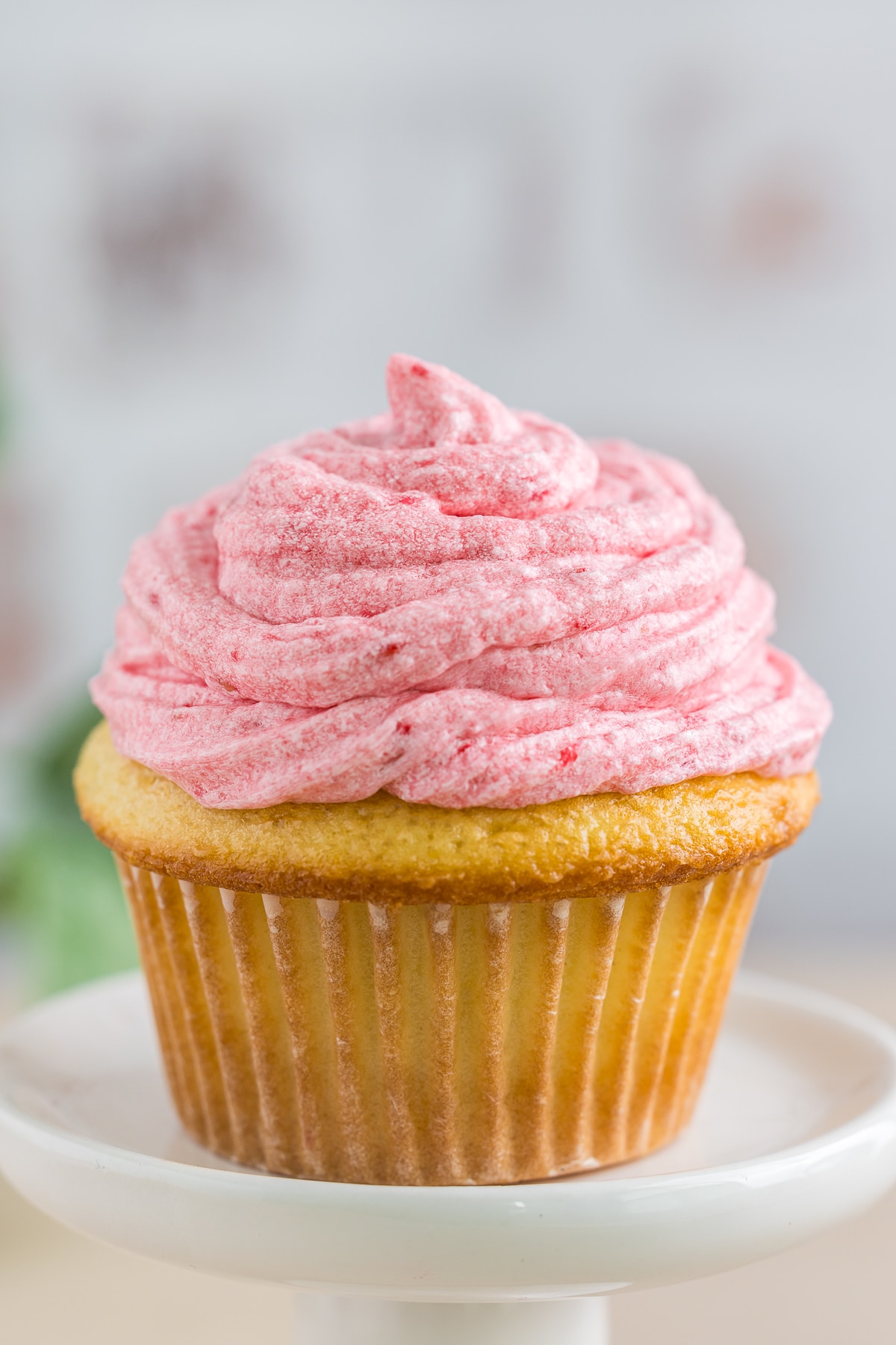straight on image of a vanilla cupcake topped with Raspberry Frosting