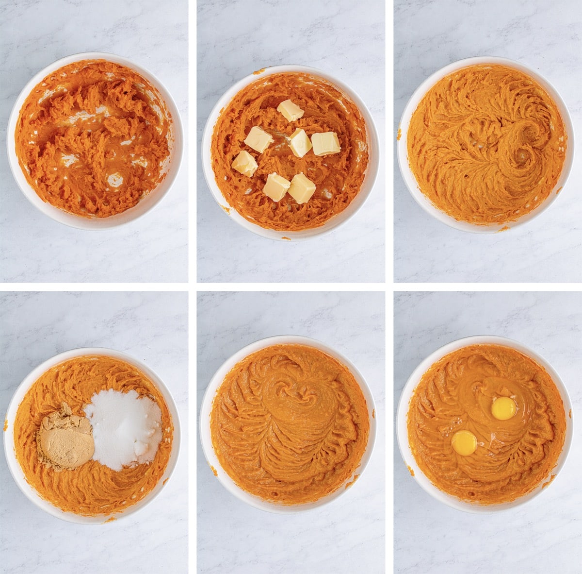 collage of images showing the first steps on how to make the filling for Sweet Potato Pie