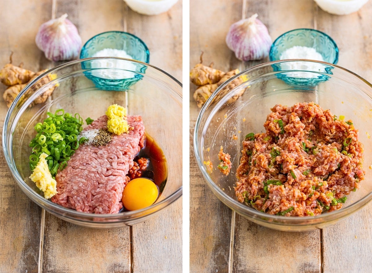 mixing the filling for Wonton Egg Drop Soup