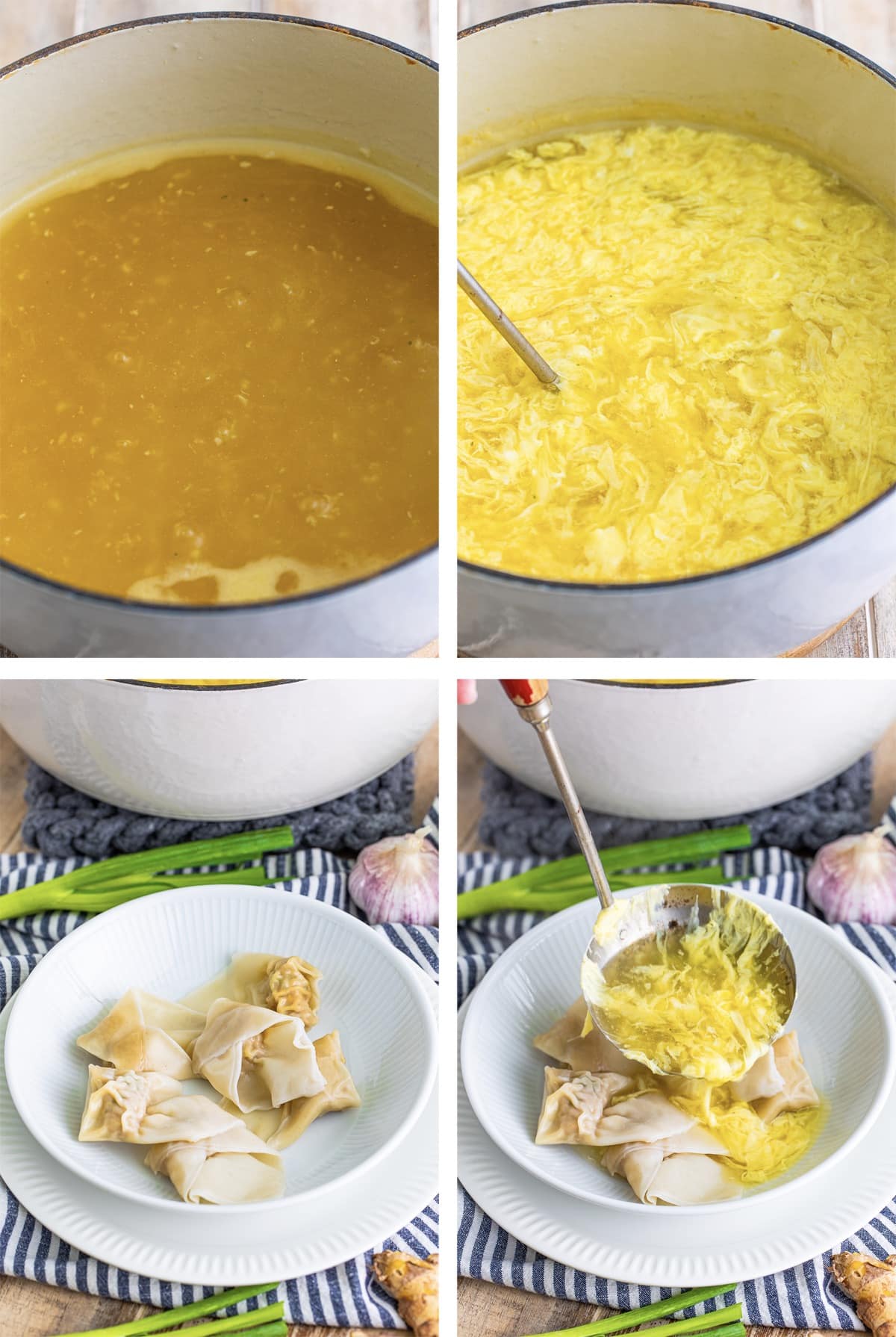 making the soup and finishing Wonton Egg Drop Soup