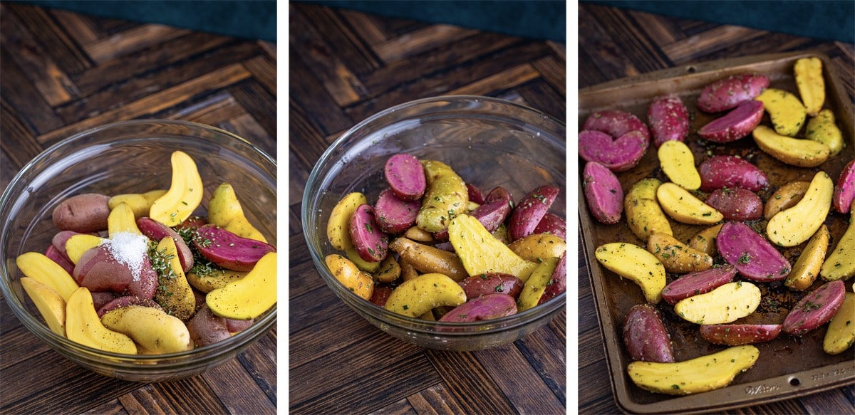 collage of images showing how to make Roasted Fingerlings