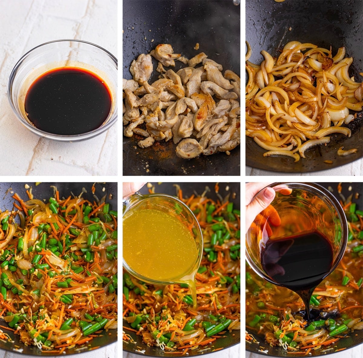 collage of images showing the first steps for making Pancit