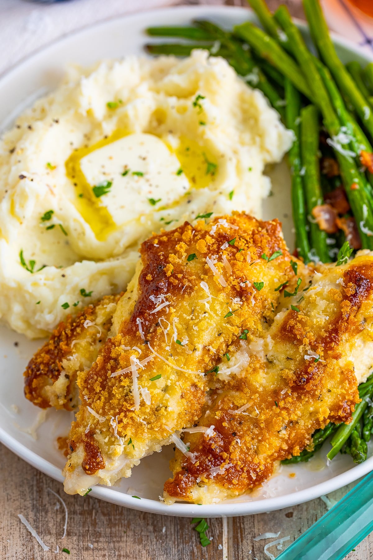 overhead image Oven Baked Chicken Tenders served on a white plate
