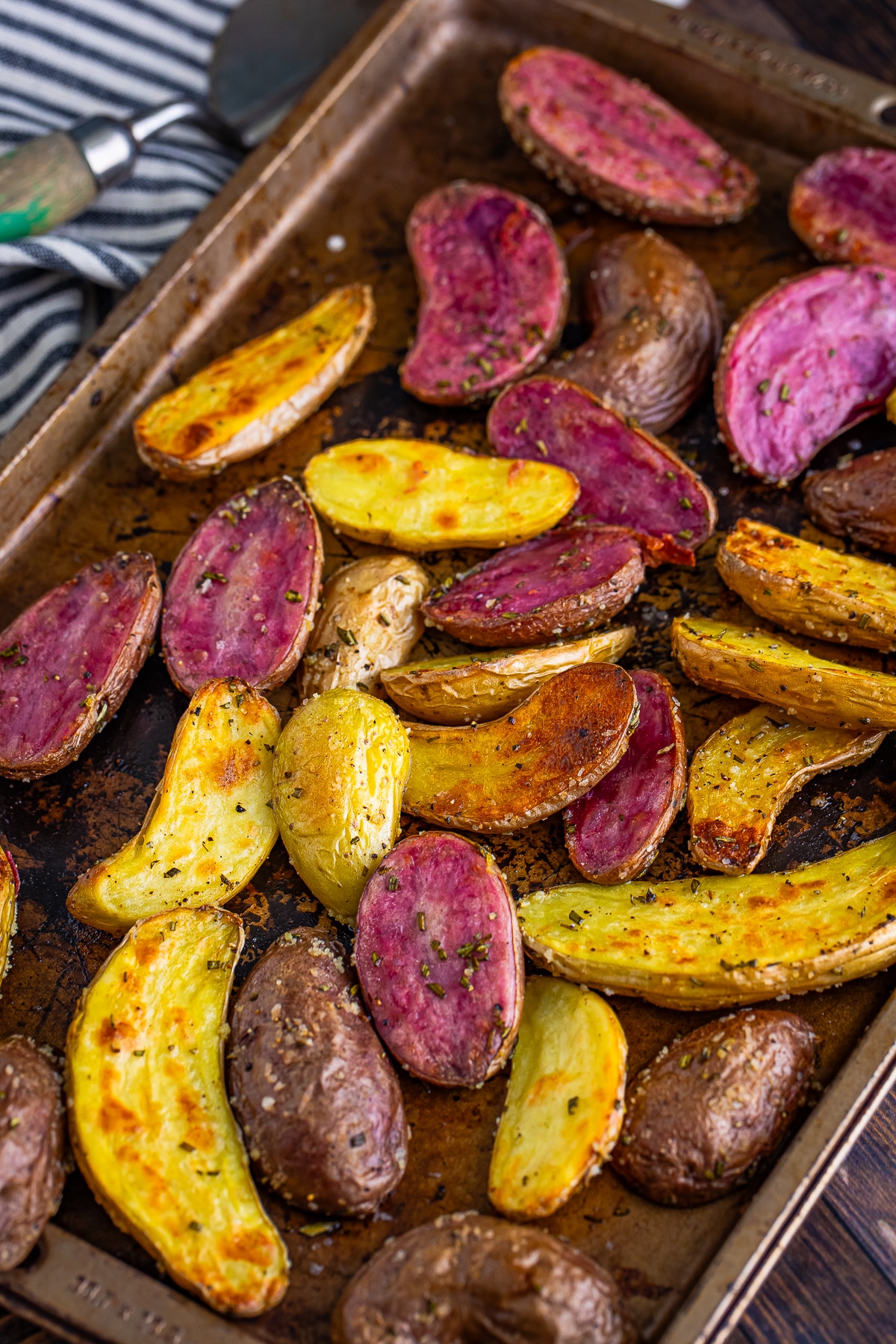 finished Roasted Fingerlings on a sheet tray