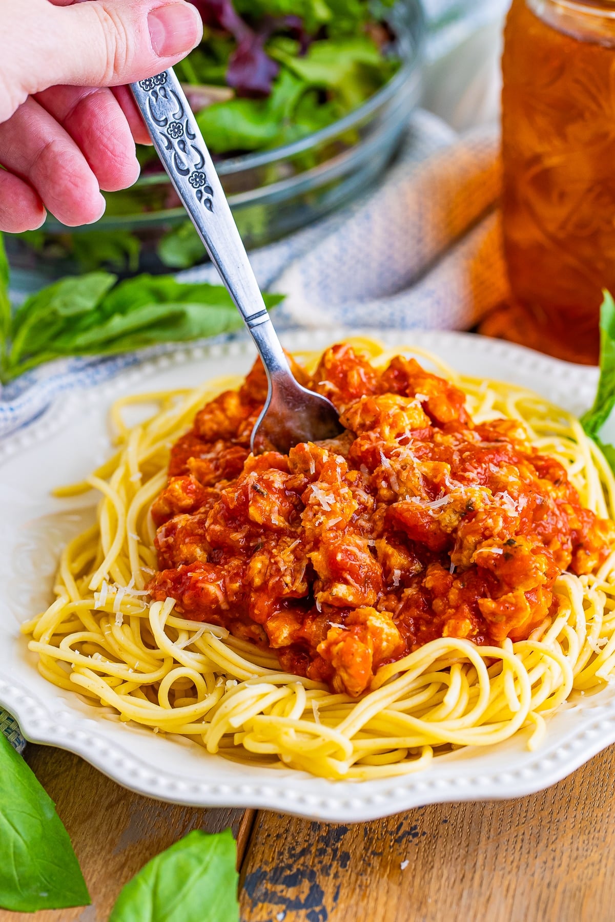 a fork grabbing a bite of Turkey Spaghetti