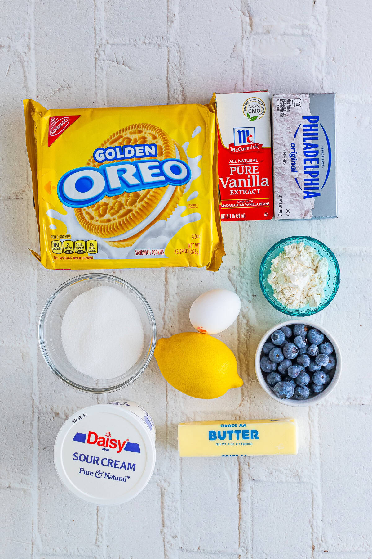 ingredients needed to make blueberry lemon cheesecake bars
