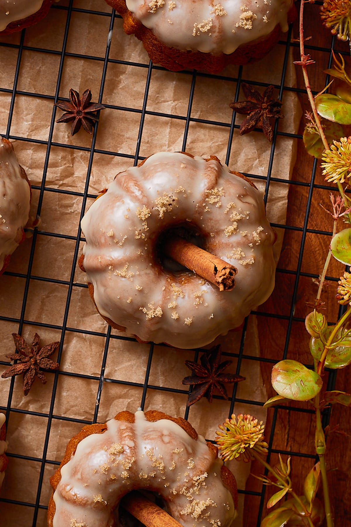 overhead image of Mini Bundt Cakes on a cooling rack, up close