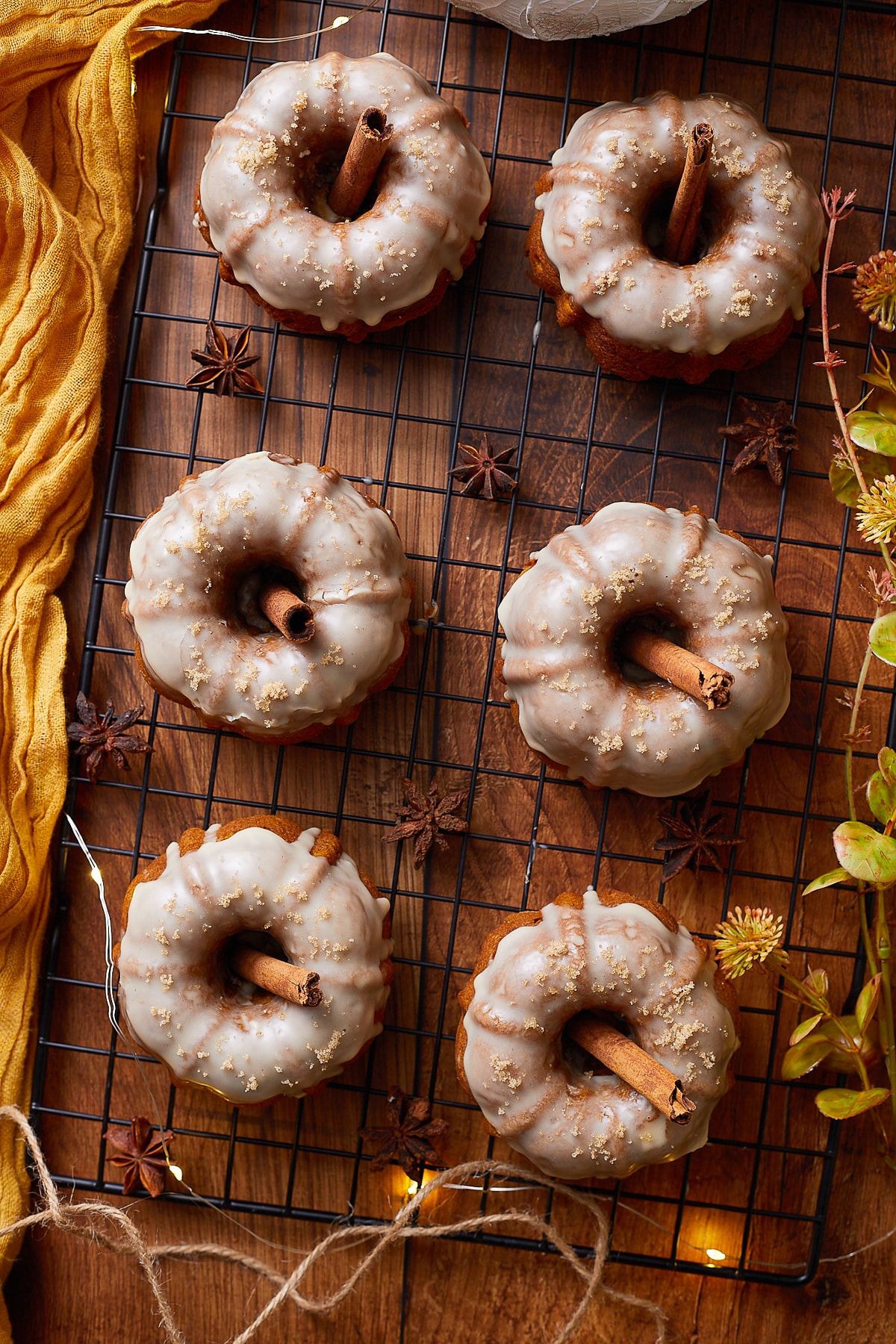 overhead image of finished Mini Bundt Cakes on a wire rack