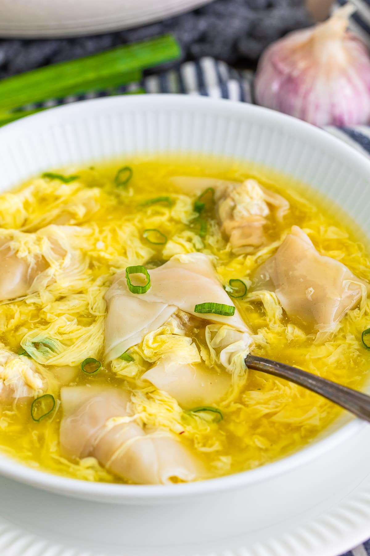 up close image of a wonton in Wonton Egg Drop Soup