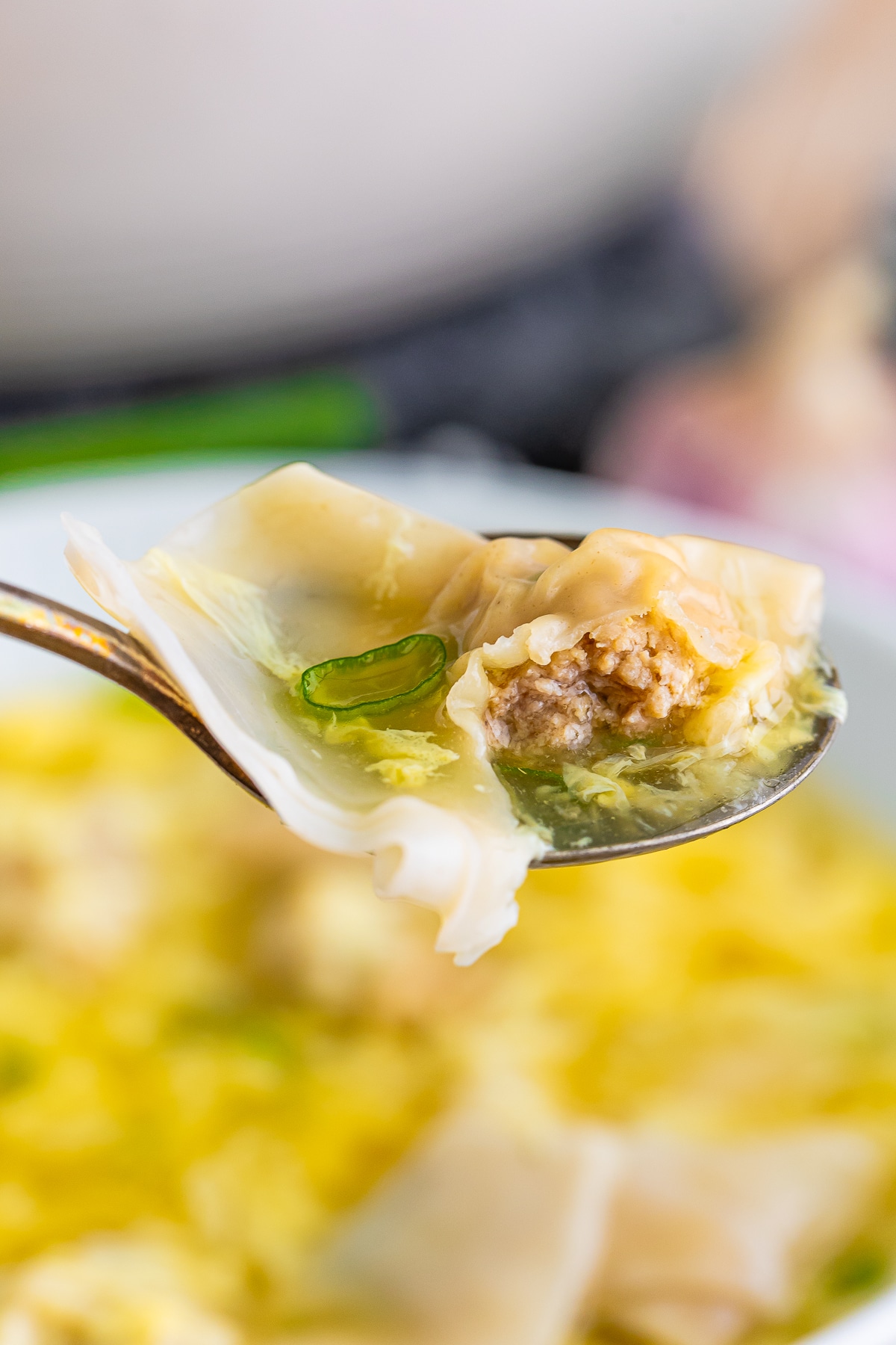 a spoon holding up a wonton that has a bite taken out over a bowl of Wonton Egg Drop Soup