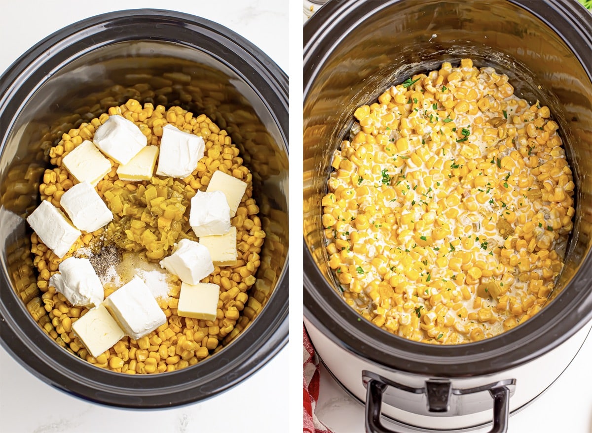 collage of images showing how to make Slow Cooker Creamed Corn