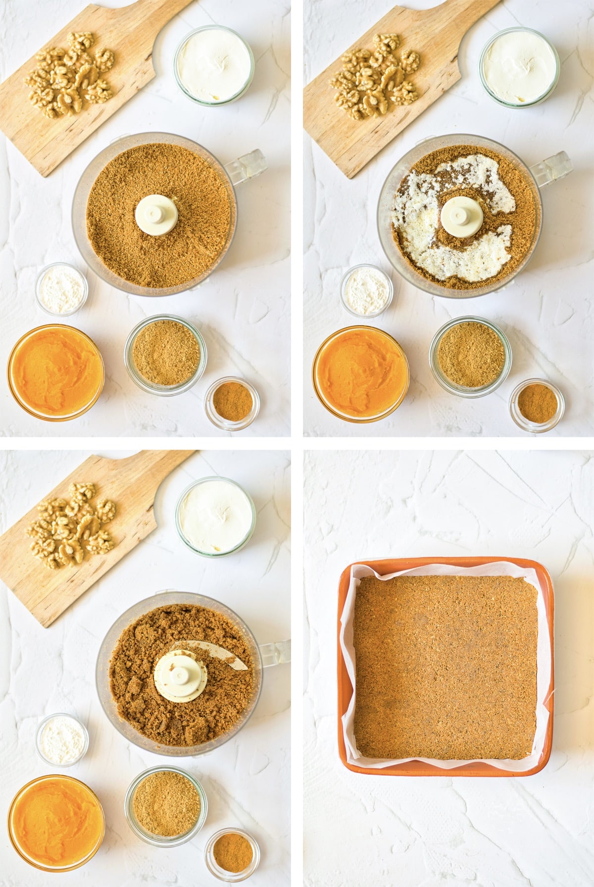 collage of images showing how to make the crust for Pumpkin Cheesecake Bars