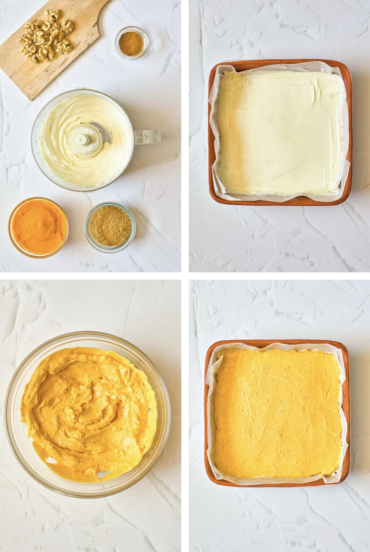 collage of images showing how to make the filling for Pumpkin Cheesecake Bars