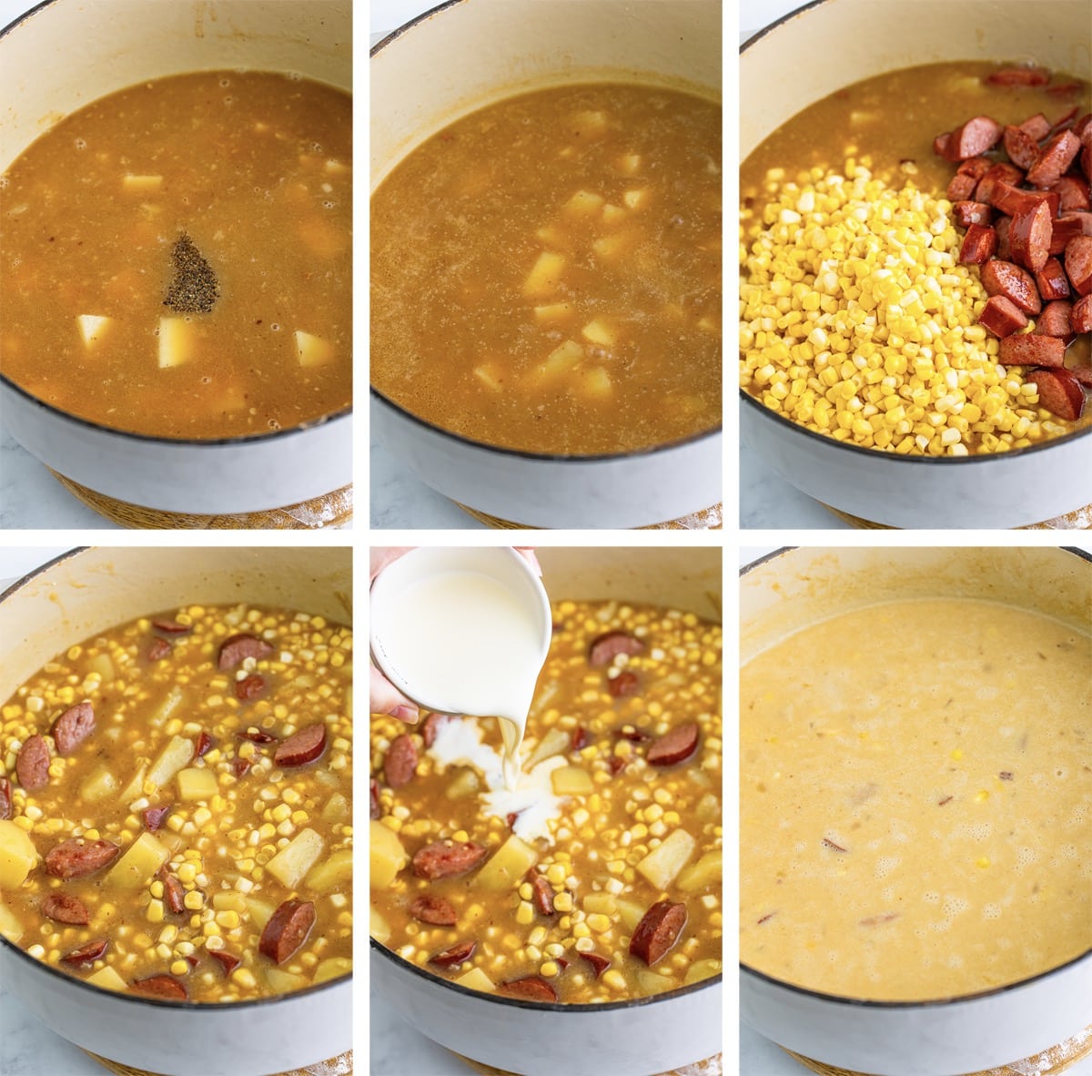 collage of images showing the last steps on how to make Corn Chowder recipe