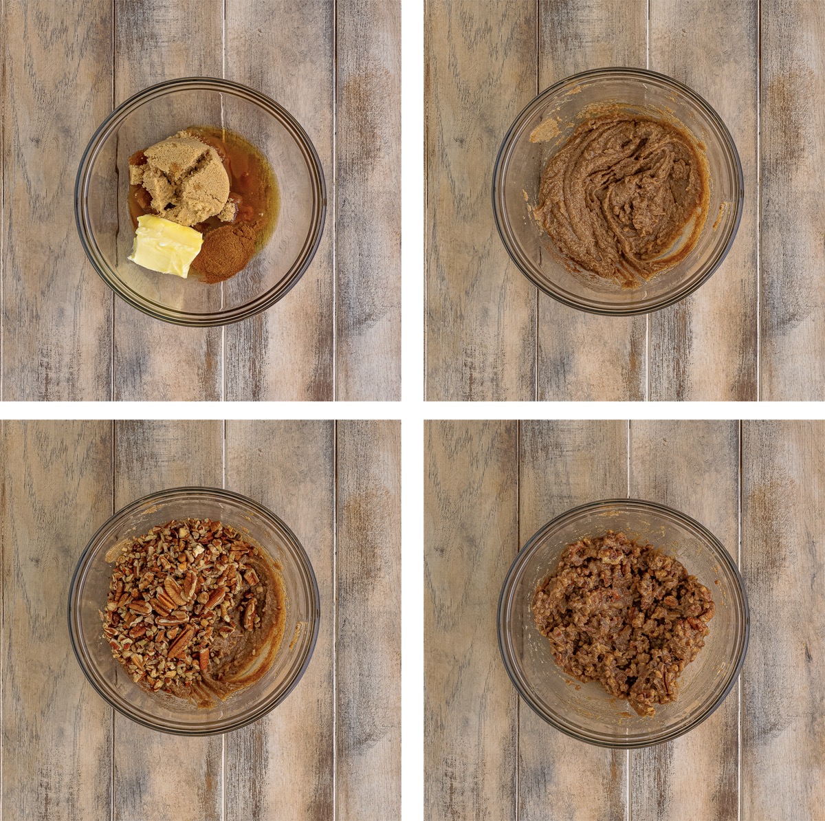 collage of images showing how to make the filling for Pecan Pastry