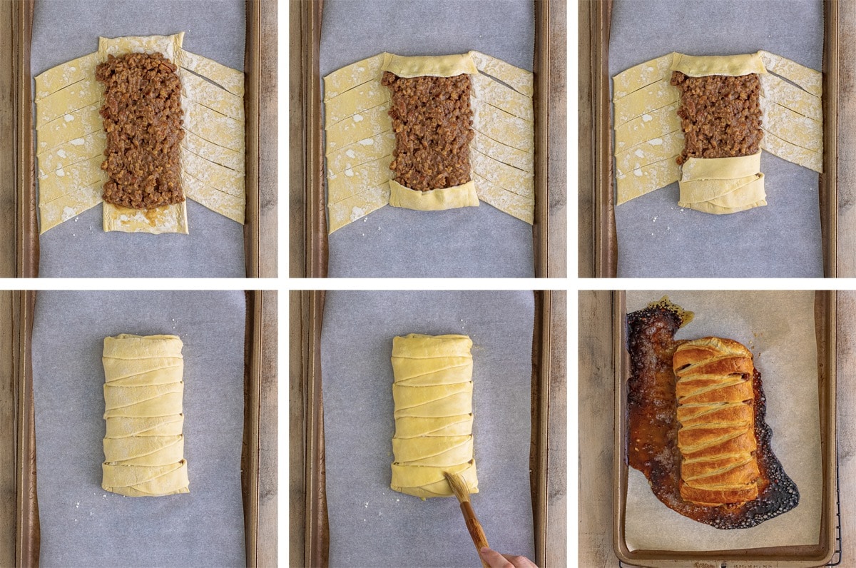 collage of images showing how to fold and bake Pecan Pastry