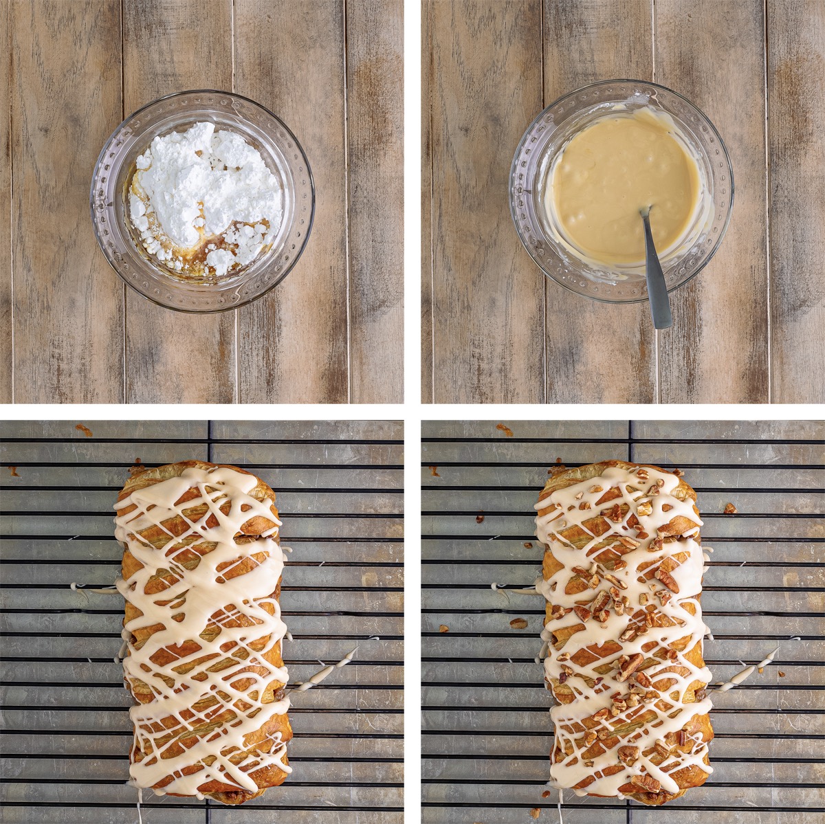 collage of images showing how to make the glaze for Pecan Pastry