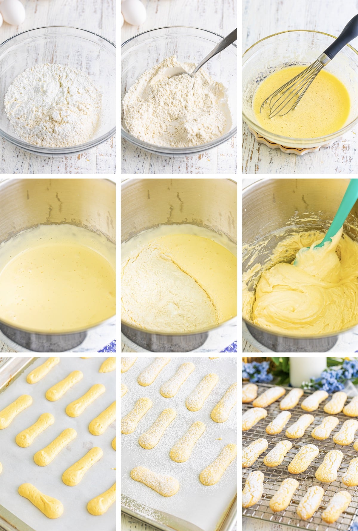collage of images showing how to make Lady Finger cookies