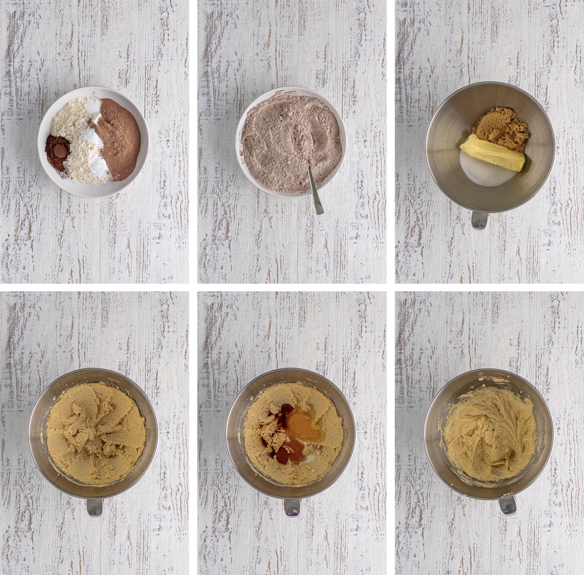 collage of images showing the first steps on how to make the dough for Hot Chocolate Cookies