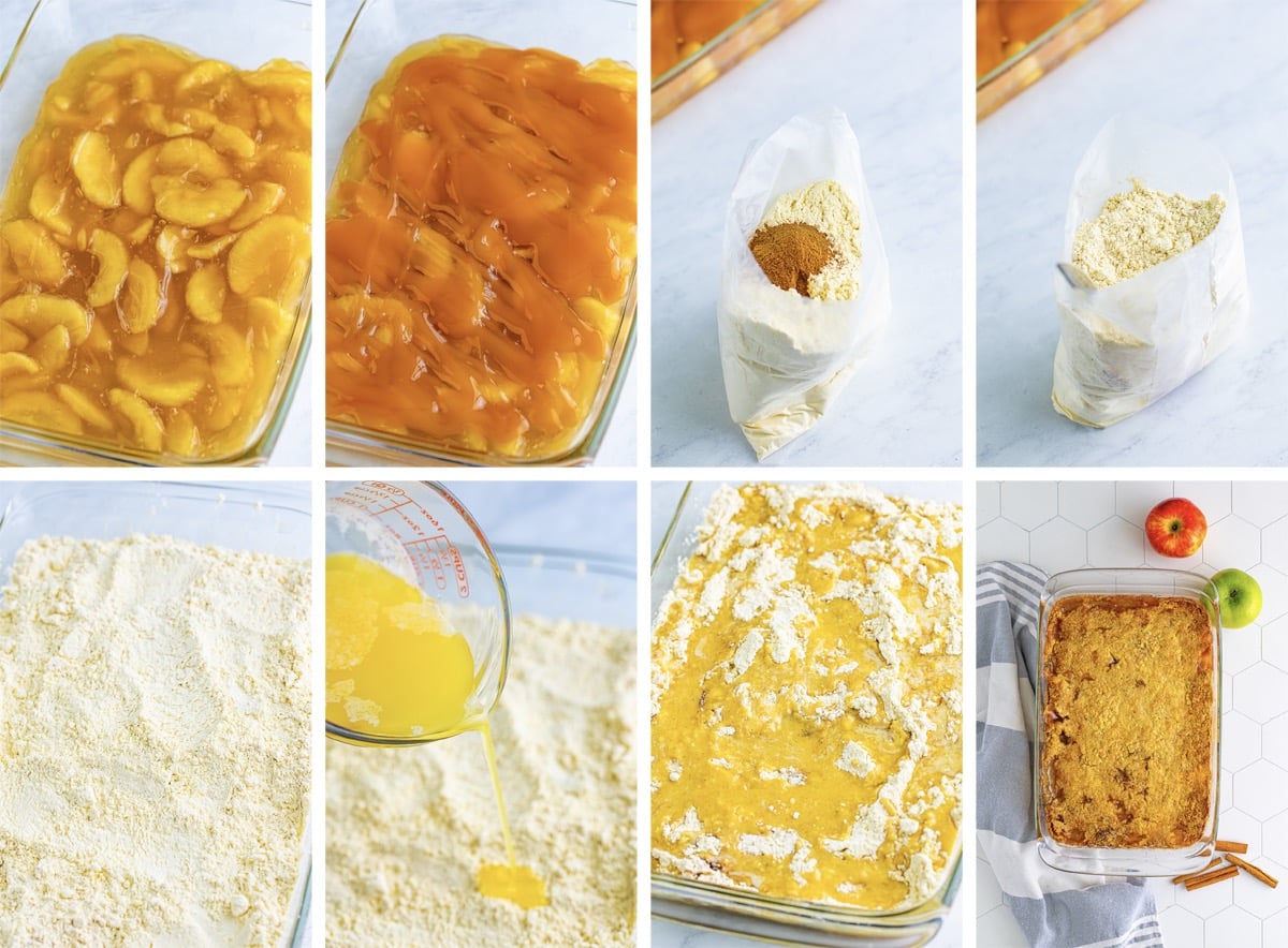 collage of images showing how to make Caramel Apple Dump Cake