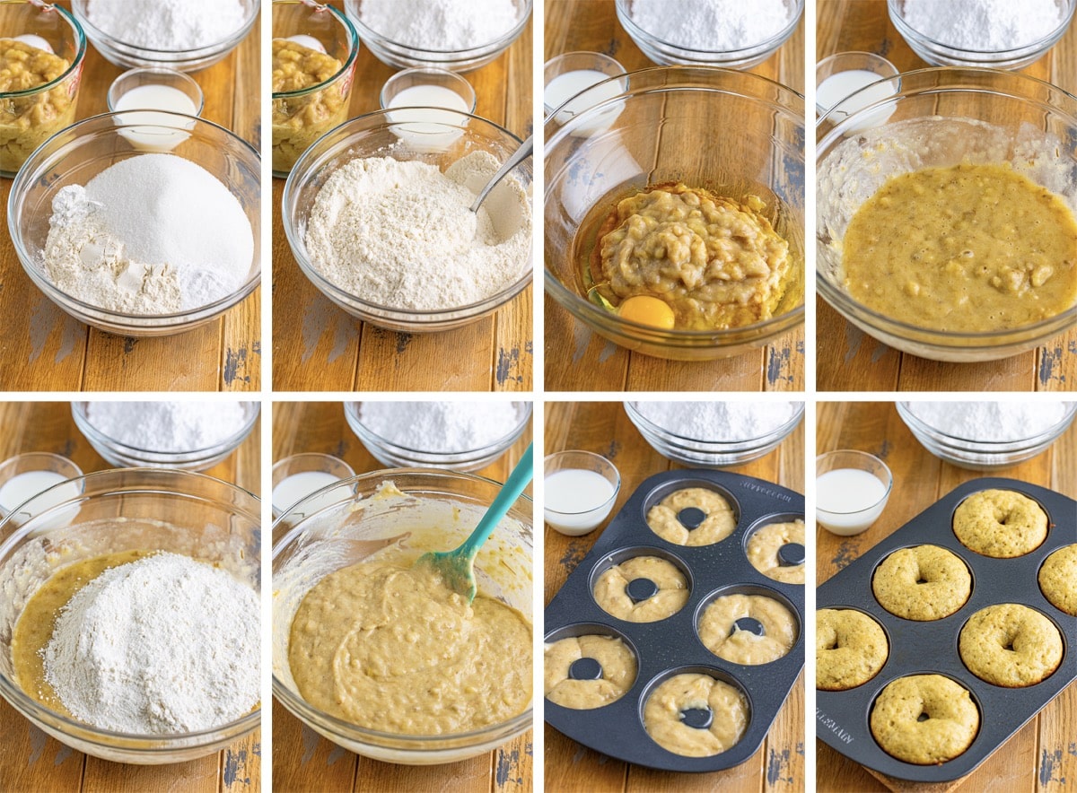 collage of images showing how to make Banana Donuts 