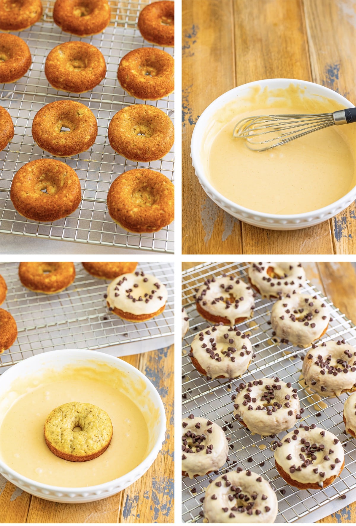 collage of images showing how to glaze Banana Donuts
