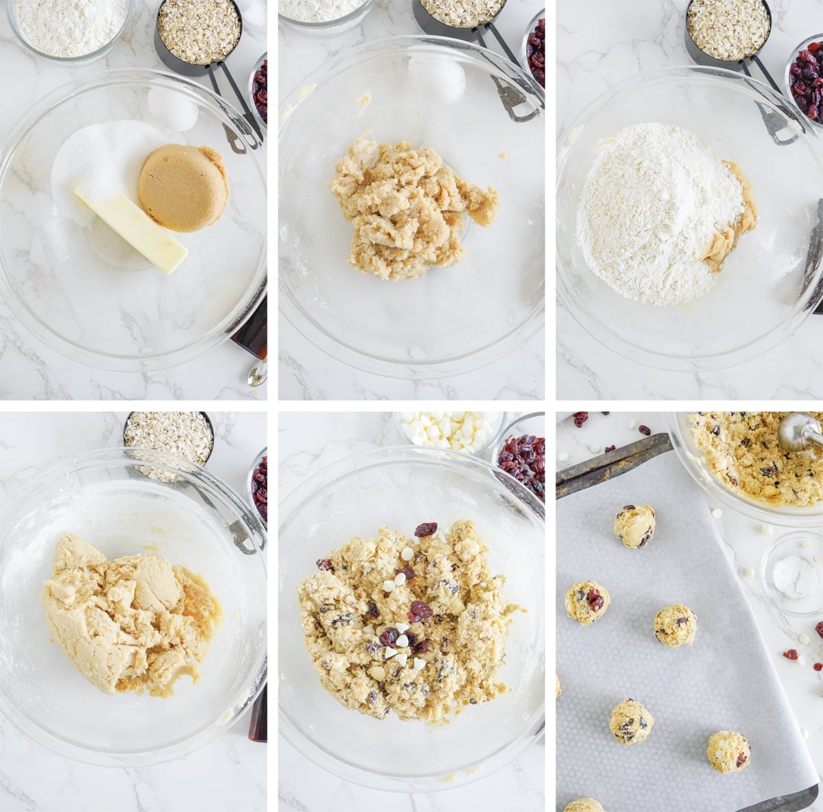 collage of images showing how to make the dough for White Chocolate Cranberry Cookies