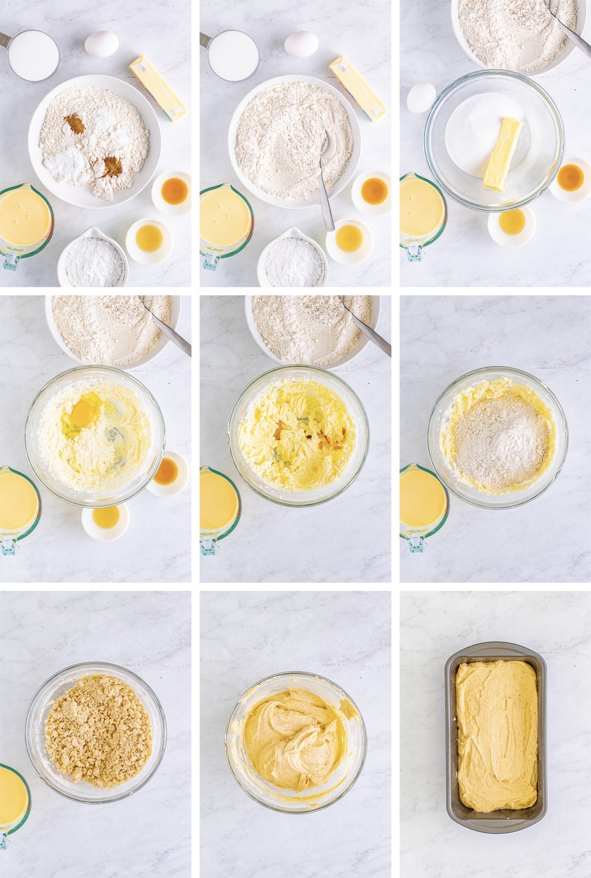 collage of images showing how to make the batter for Eggnog Bread