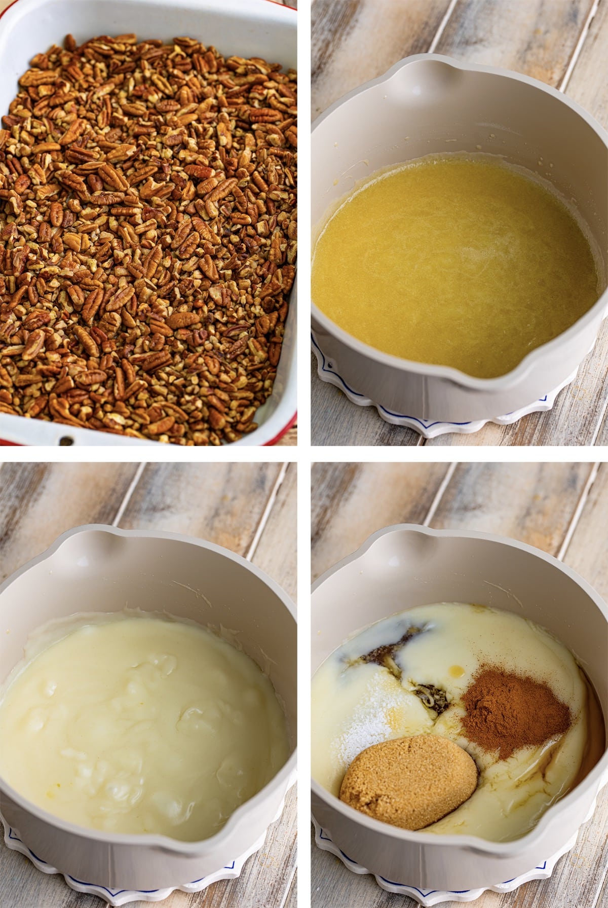 collage of images showing how to make the filling for Pecan Cobbler