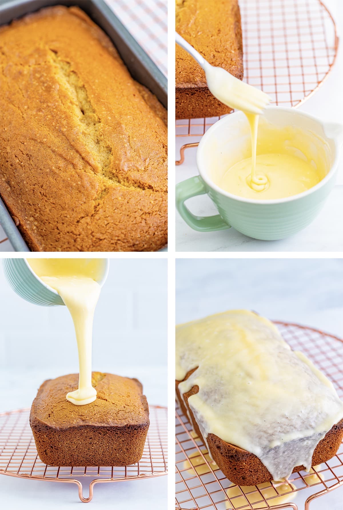 collage of images showing how to glaze Eggnog Bread