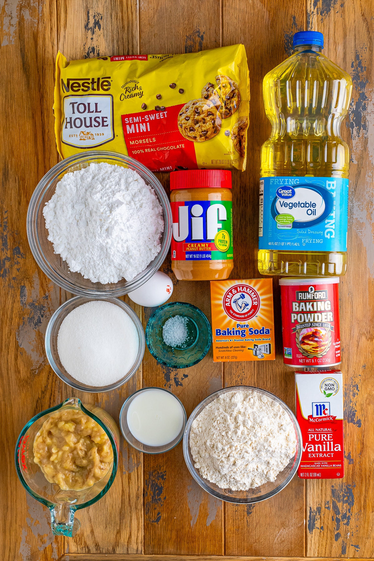ingredients needed to make up close image of Banana Donuts on tray with chocolate chips