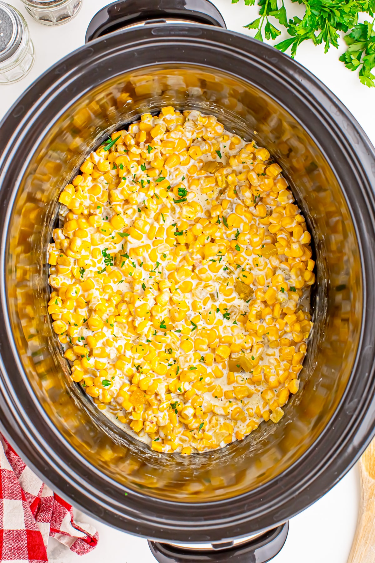 overhead image Slow Cooker Creamed Corn in pot