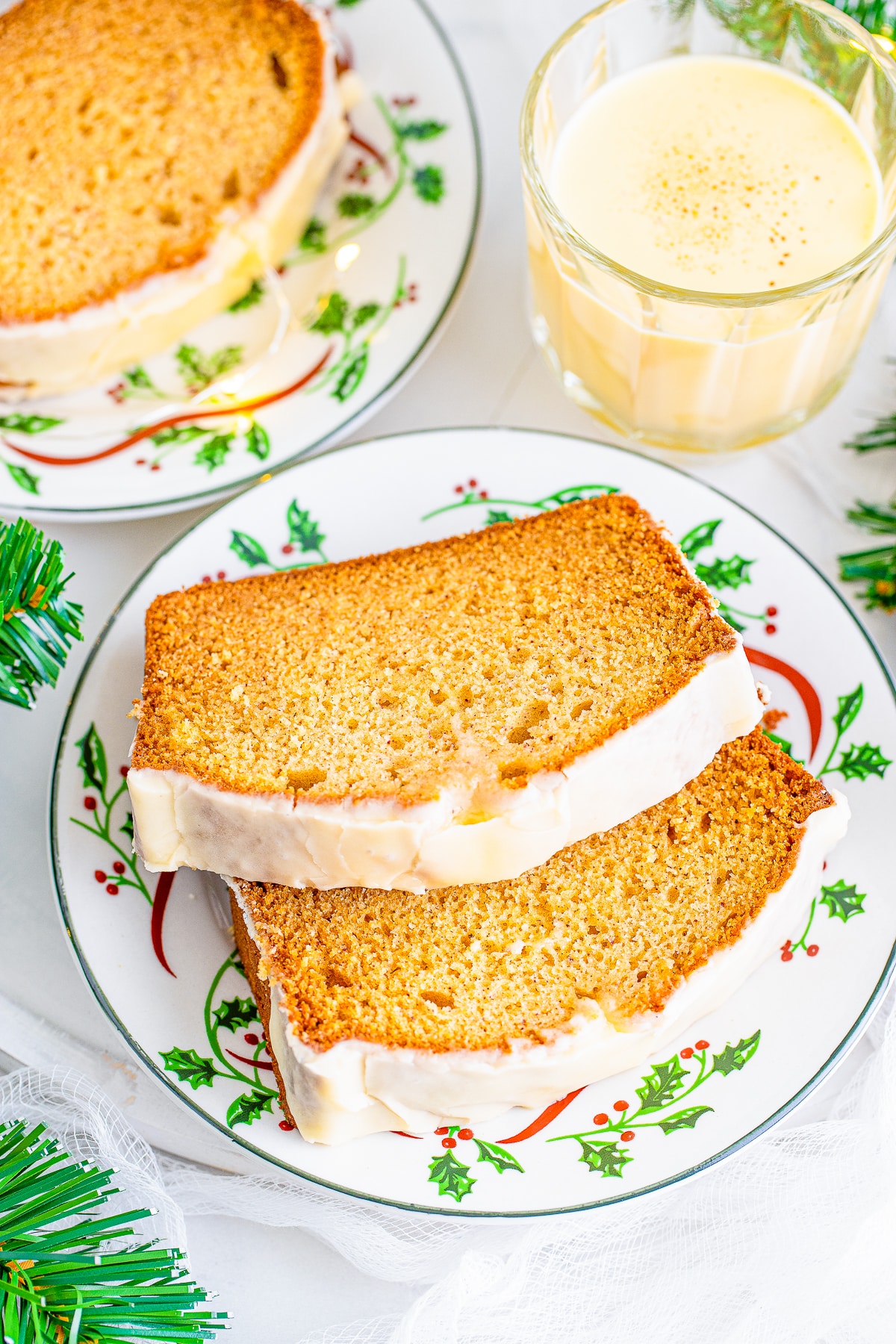 overhead image of Eggnog Bread slices on a plate