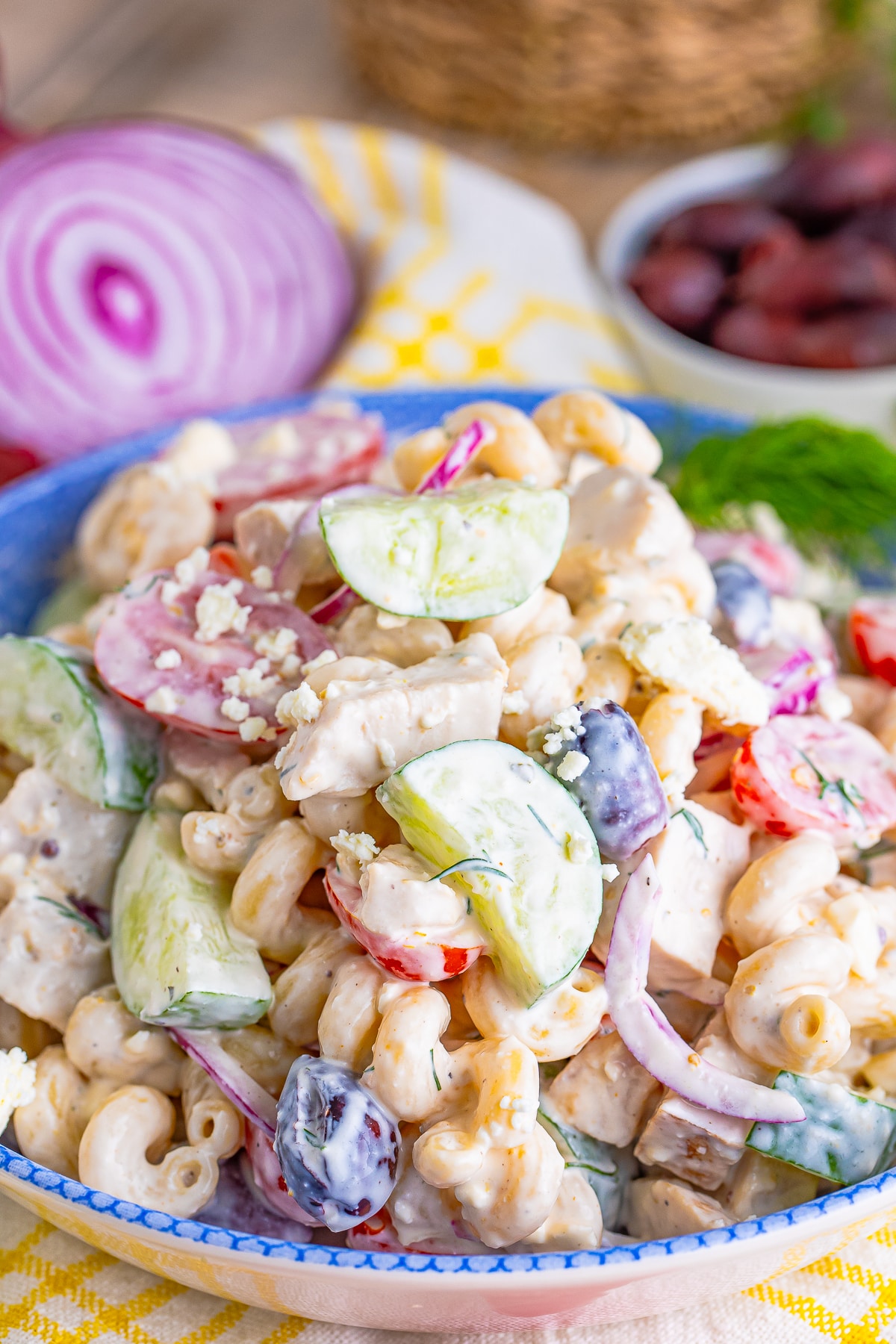 up close image of Greek Pasta Salad Recipe in a bowl