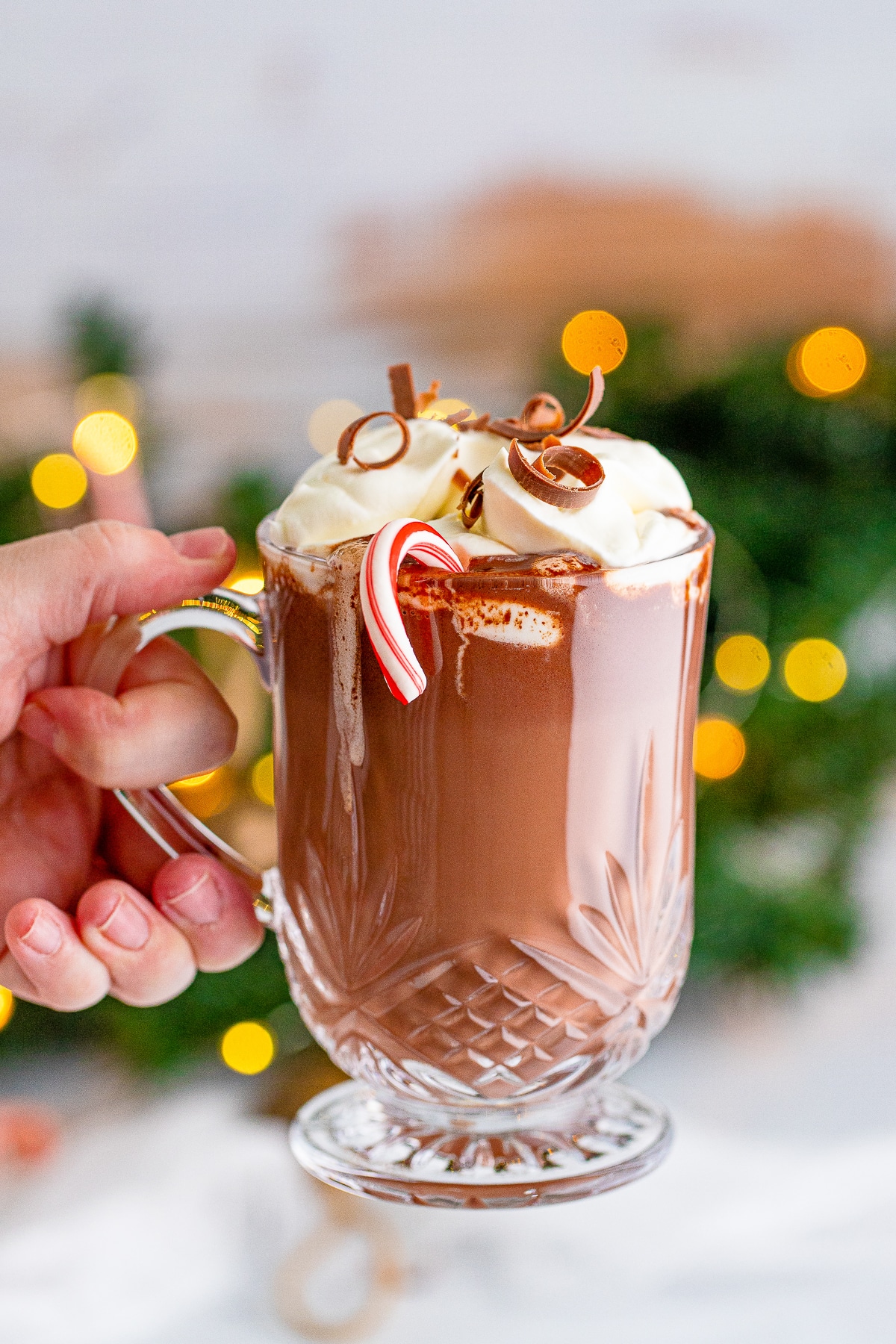 a hand holding up a mug of hot chocolate recipe in air